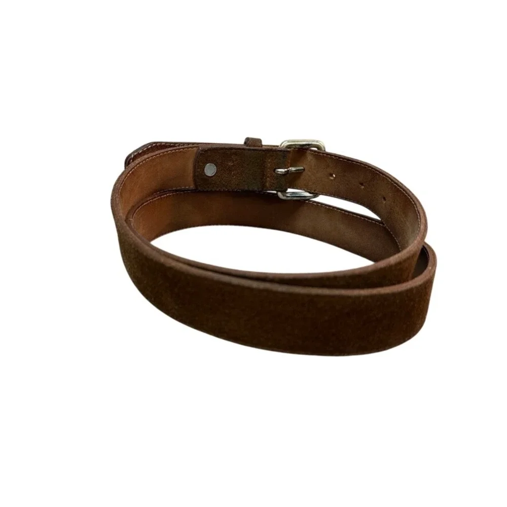 Mens Brown Suede Leather Belt Silver Roller Buckle Casual Rugged 46 Inch